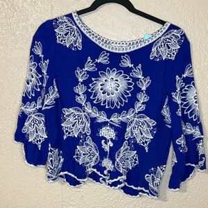 Solitaire Royal Blue Blouse with White Embroidery